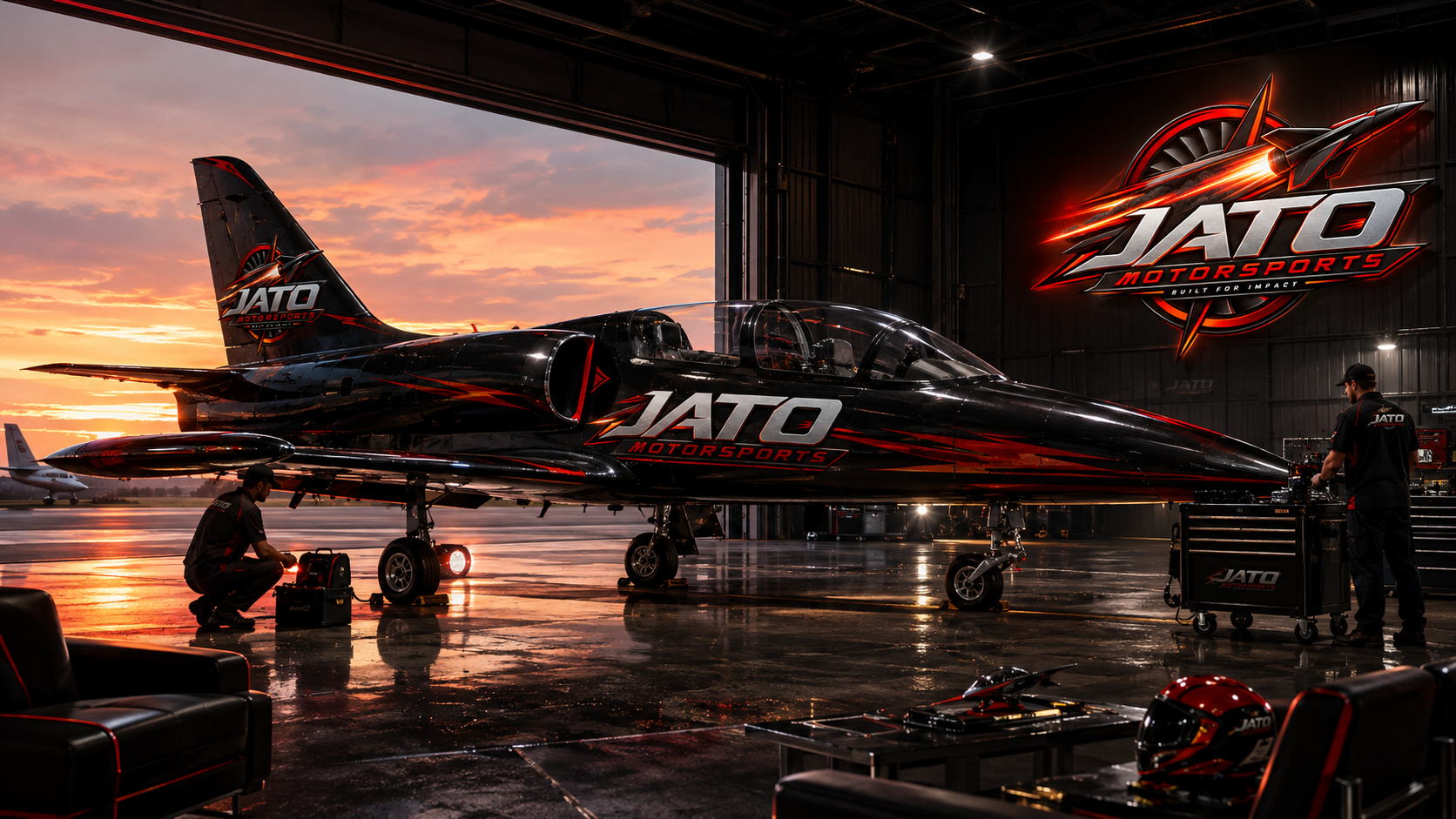 JATO branded L-39 aircraft outside a modern hangar
